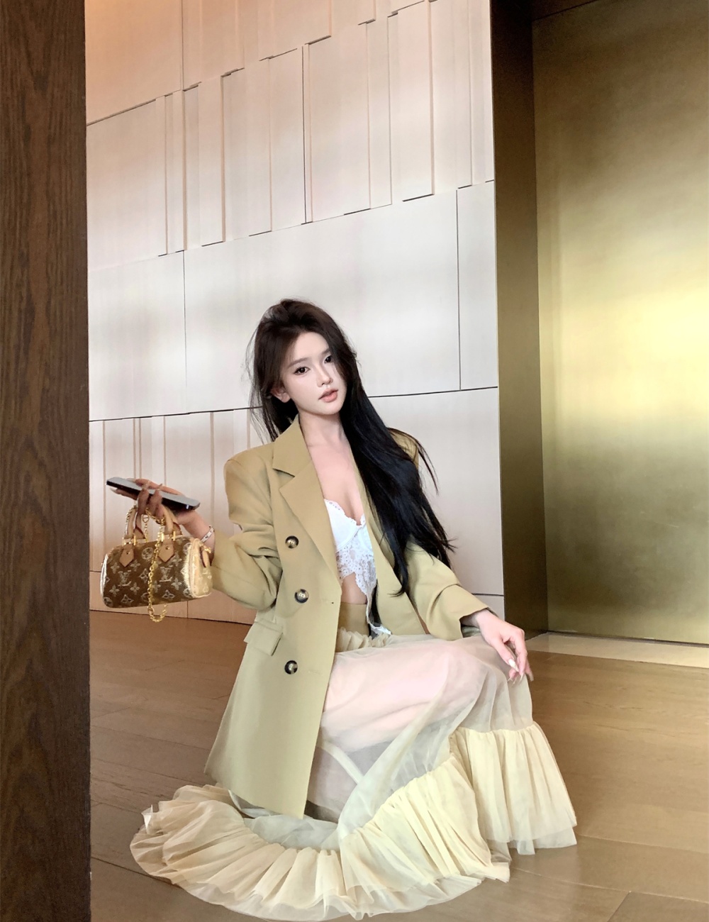 Western style long coat autumn fashion business suit 2pcs set