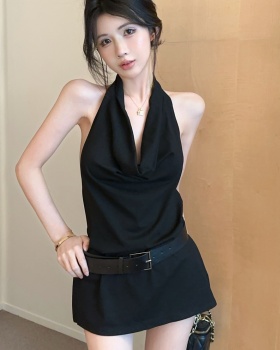 Halter long slim belt sleeveless sexy V-neck T-shirt