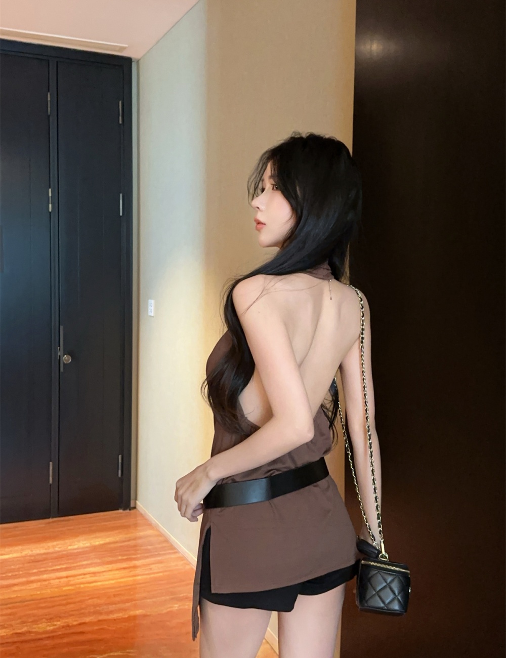 Halter long slim belt sleeveless sexy V-neck T-shirt