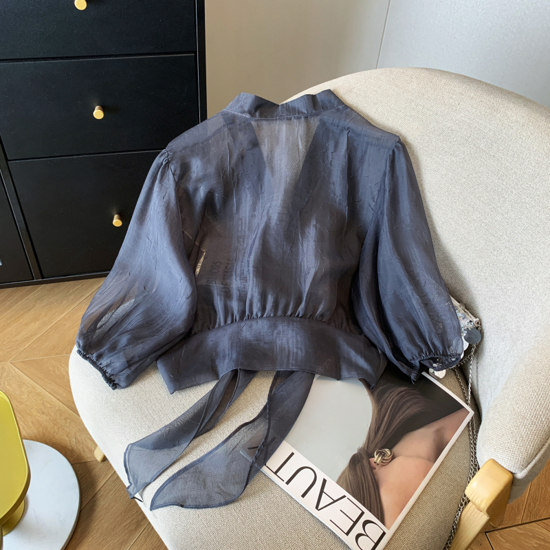 Chiffon retro V-neck sun shirt France style short light shirt