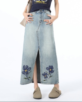 A-line high waist retro split long slim skirt for women