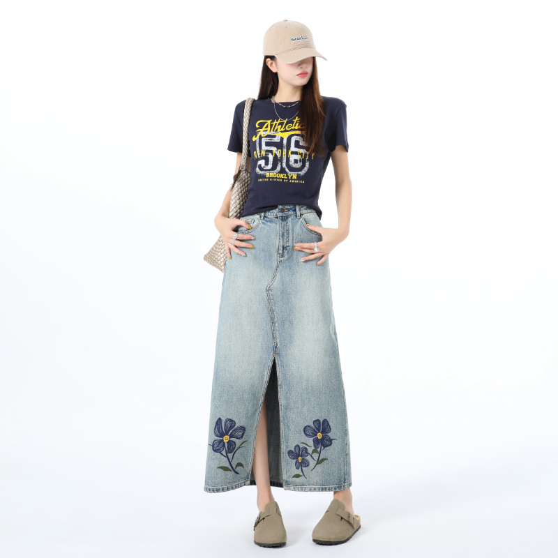 A-line high waist retro split long slim skirt for women