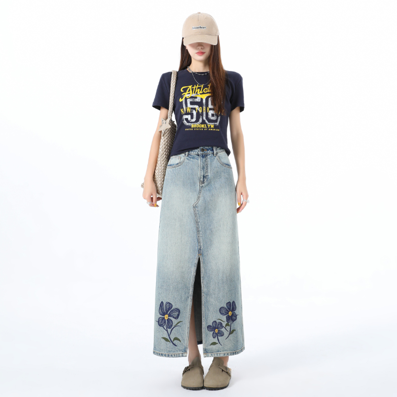 A-line high waist retro split long slim skirt for women