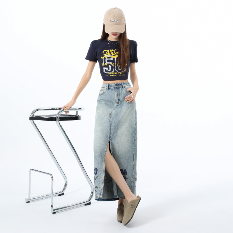 A-line high waist retro split long slim skirt for women