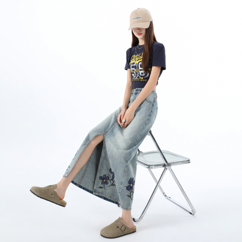 A-line high waist retro split long slim skirt for women