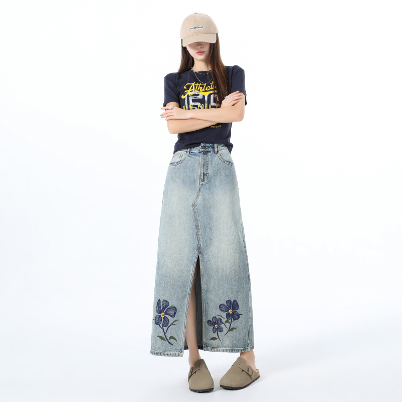 A-line high waist retro split long slim skirt for women
