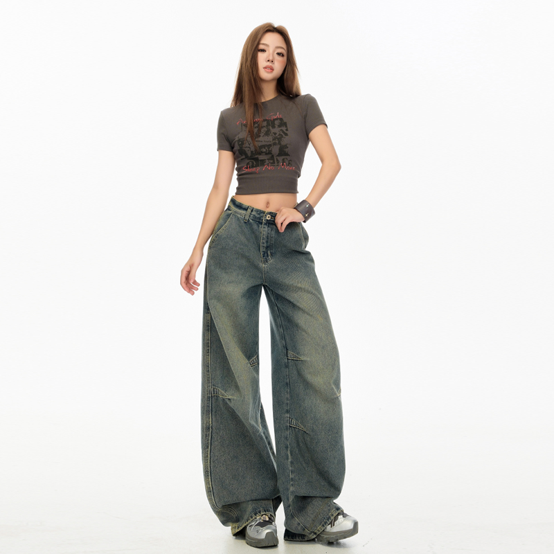 Lengthen washed couples jeans retro straight wide leg pants