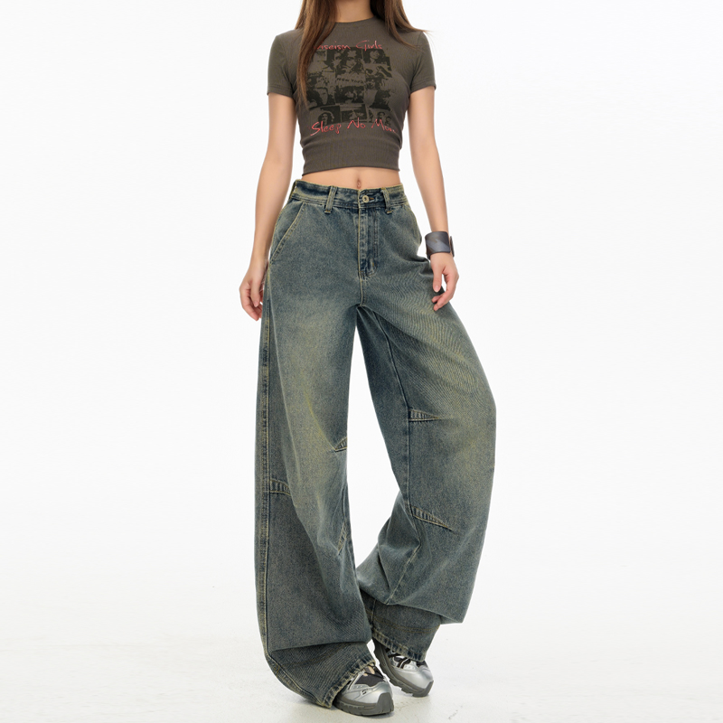 Lengthen washed couples jeans retro straight wide leg pants