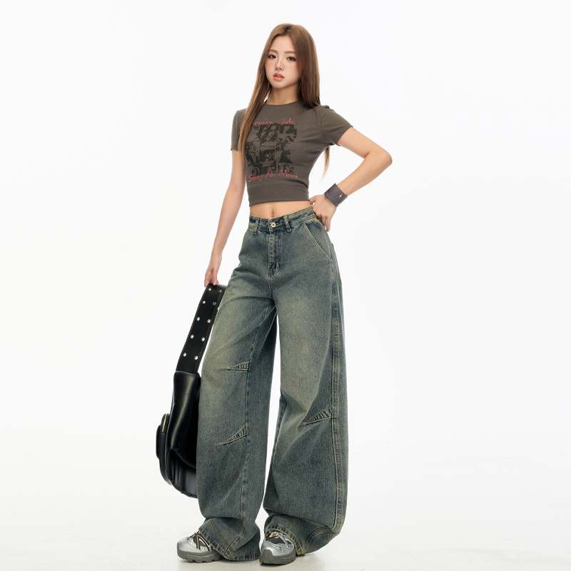Lengthen washed couples jeans retro straight wide leg pants