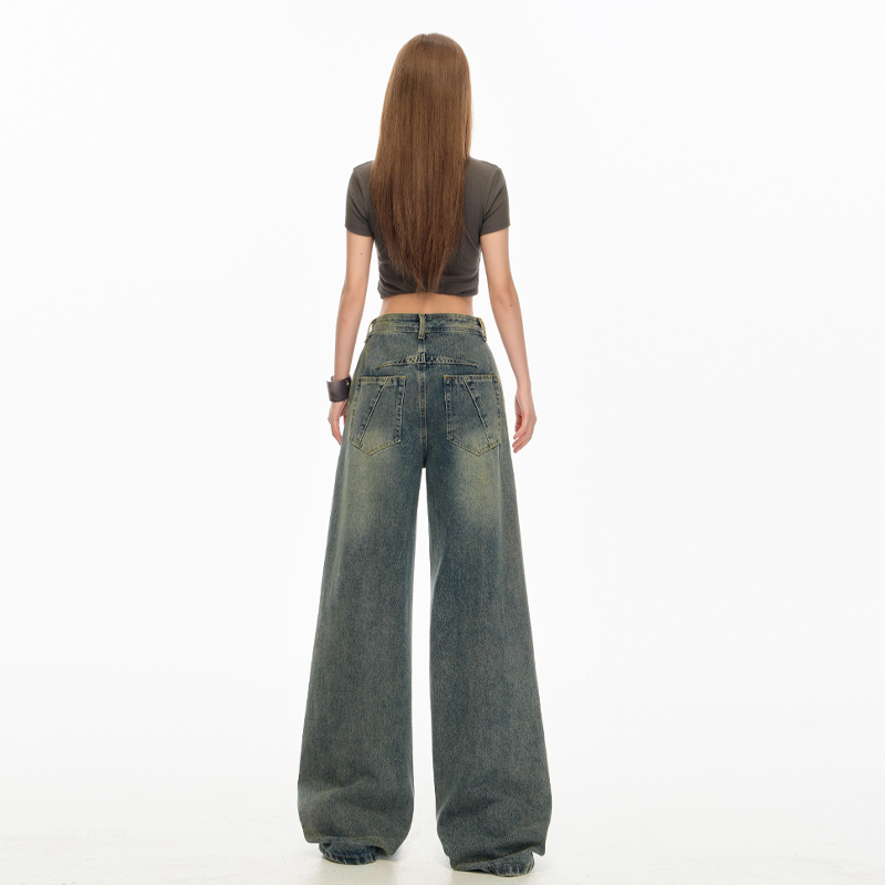Lengthen washed couples jeans retro straight wide leg pants