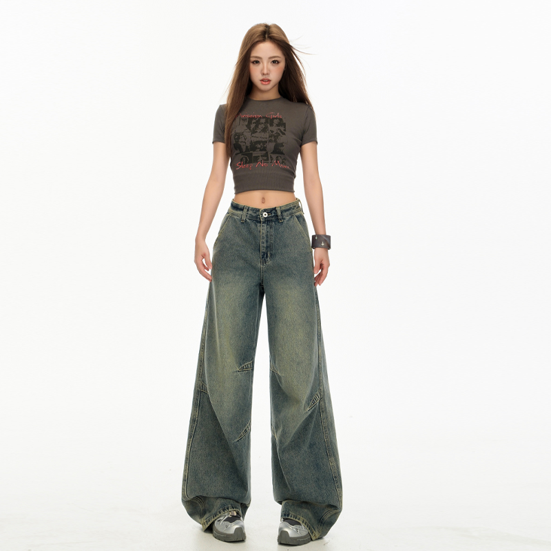 Lengthen washed couples jeans retro straight wide leg pants