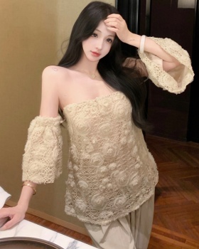 Wrapped chest flat shoulder France style printing retro tops