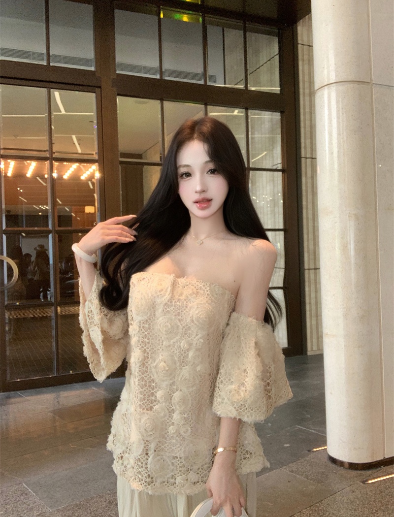 Wrapped chest flat shoulder France style printing retro tops