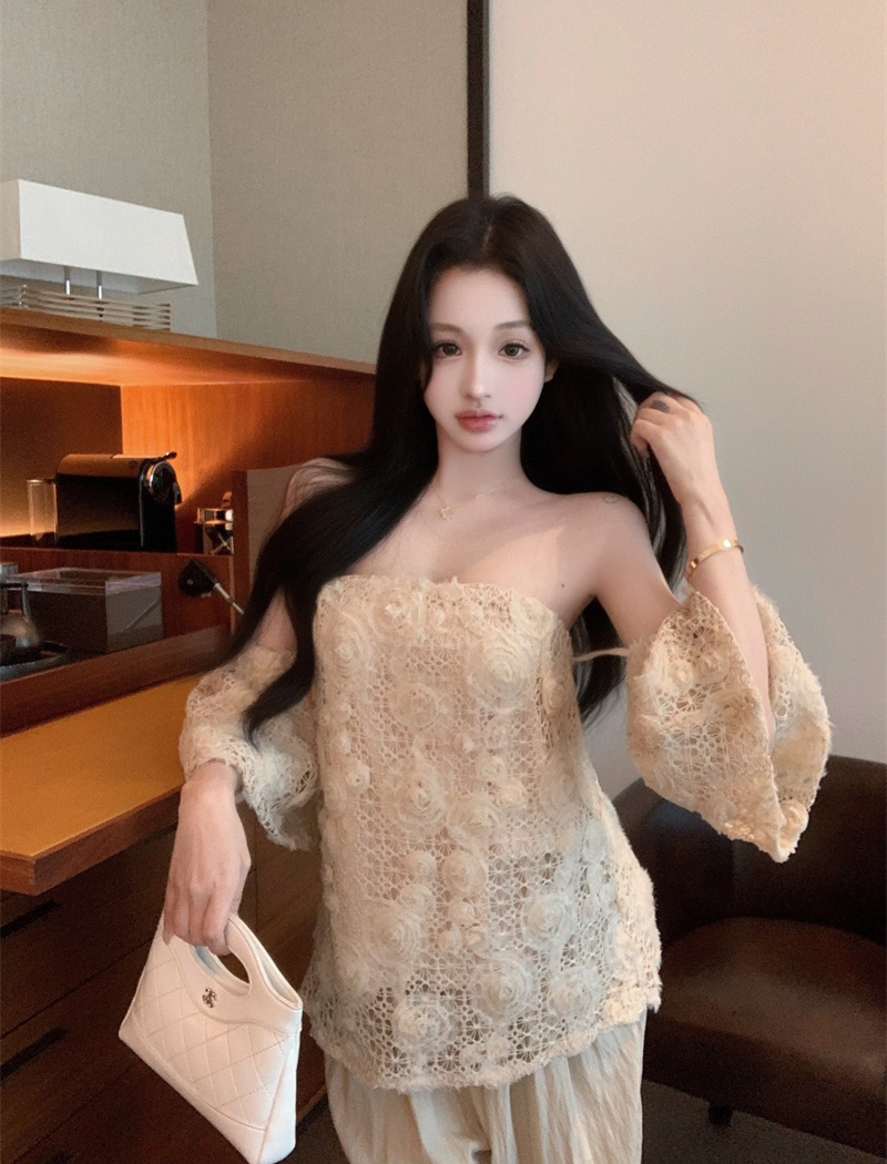 Wrapped chest flat shoulder France style printing retro tops