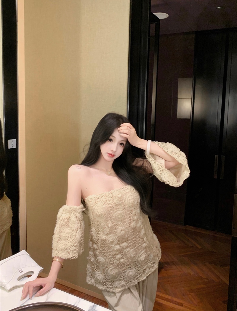 Wrapped chest flat shoulder France style printing retro tops