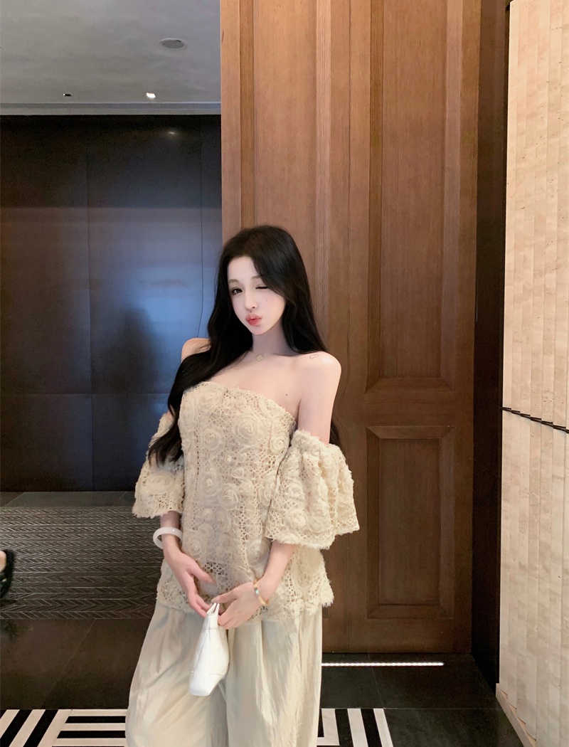 Wrapped chest flat shoulder France style printing retro tops