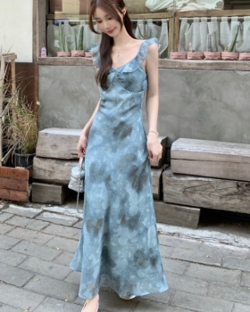 Floral retro blue dress temperament Korean style long dress