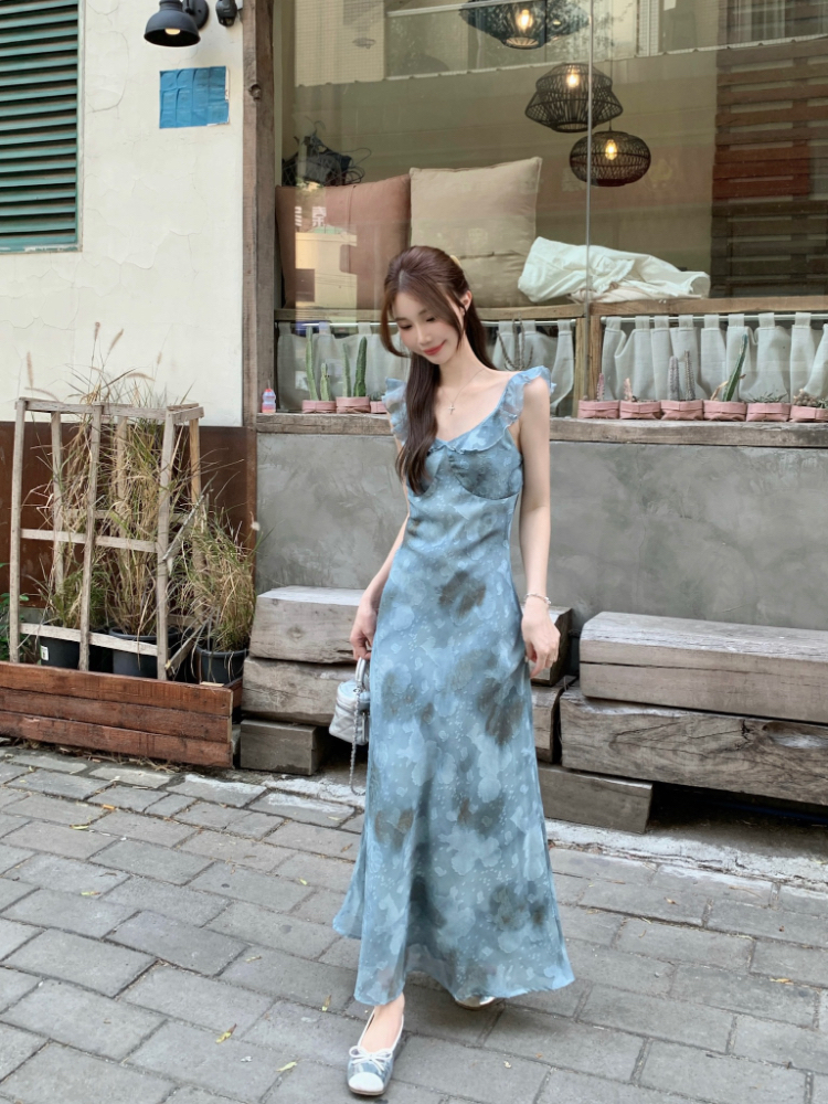 Floral retro blue dress temperament Korean style long dress