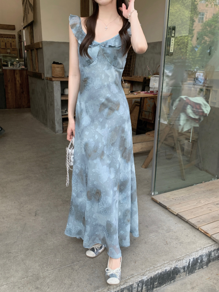 Floral retro blue dress temperament Korean style long dress