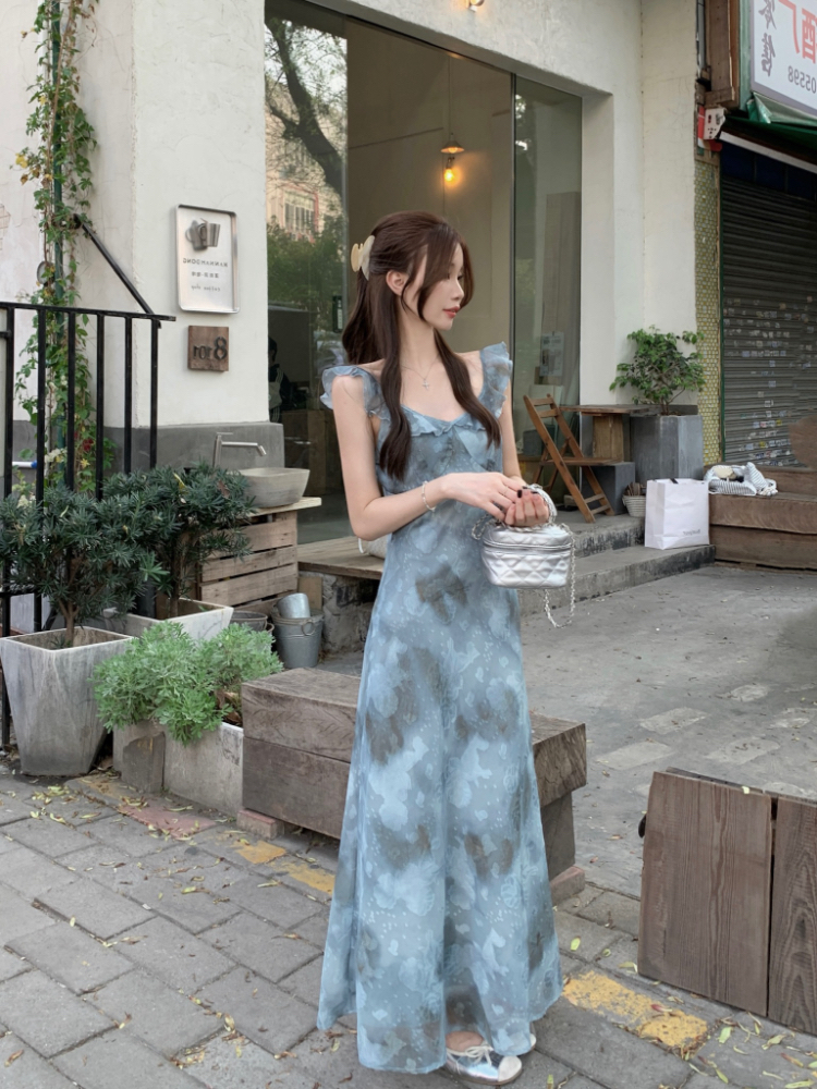Floral retro blue dress temperament Korean style long dress