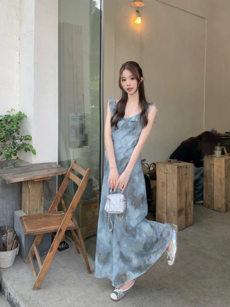 Floral retro blue dress temperament Korean style long dress