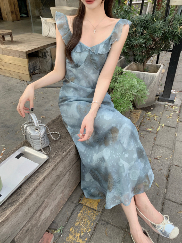 Floral retro blue dress temperament Korean style long dress