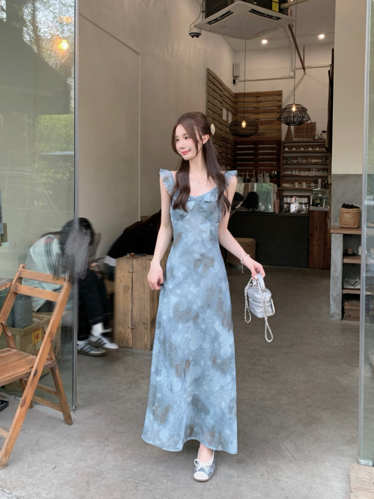 Floral retro blue dress temperament Korean style long dress