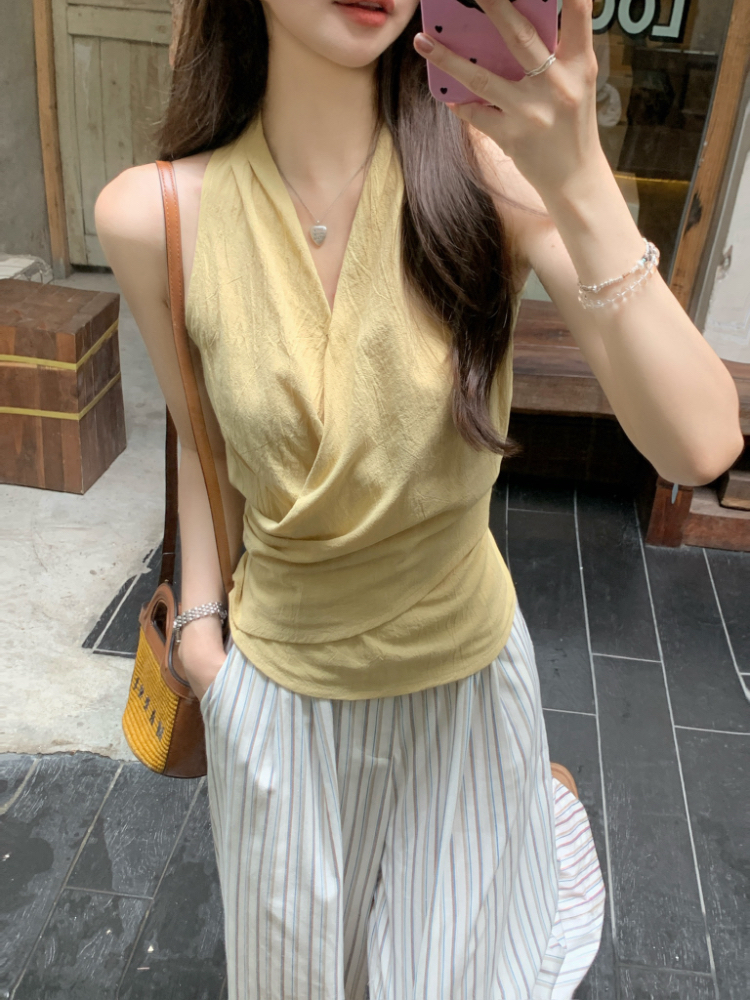 Frenum cross thin shirt V-neck summer yellow vest