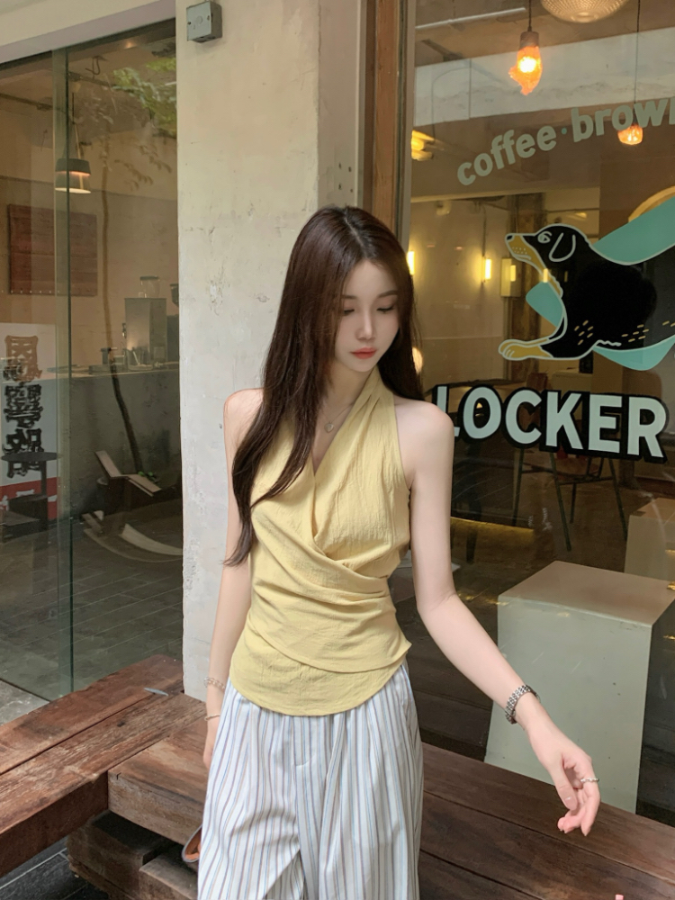 Frenum cross thin shirt V-neck summer yellow vest