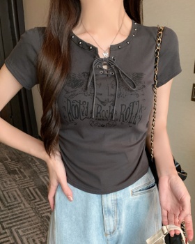 Bandage beading printing tops short sleeve short T-shirt for women
