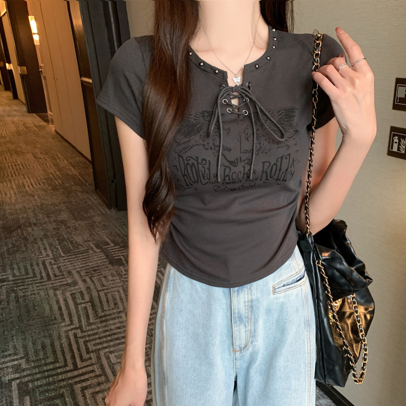 Bandage beading printing tops short sleeve short T-shirt for women