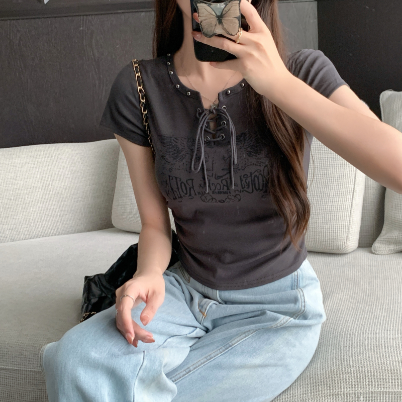 Bandage beading printing tops short sleeve short T-shirt for women