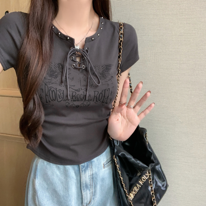 Bandage beading printing tops short sleeve short T-shirt for women