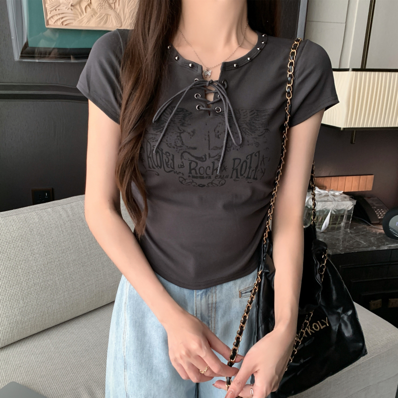 Bandage beading printing tops short sleeve short T-shirt for women