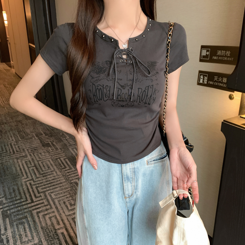 Bandage beading printing tops short sleeve short T-shirt for women