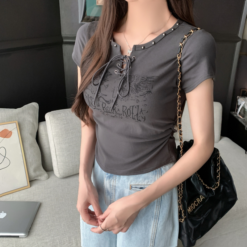 Bandage beading printing tops short sleeve short T-shirt for women