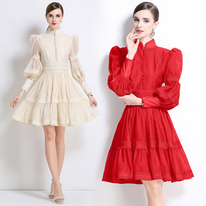 France style splice pinched waist elegant lace dress