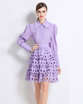 Court style lace cstand collar retro skirt 2pcs set