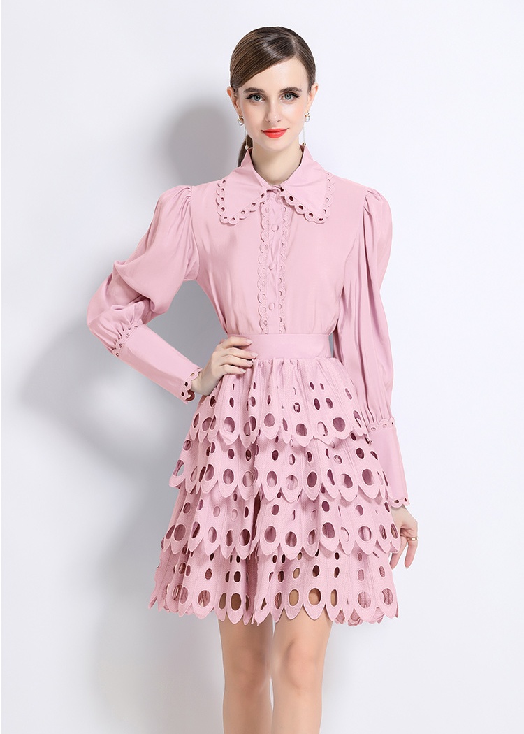 Court style lace cstand collar retro skirt 2pcs set