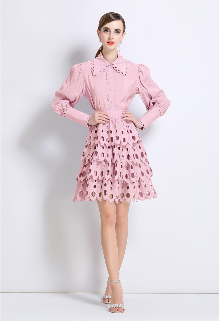 Court style lace cstand collar retro skirt 2pcs set