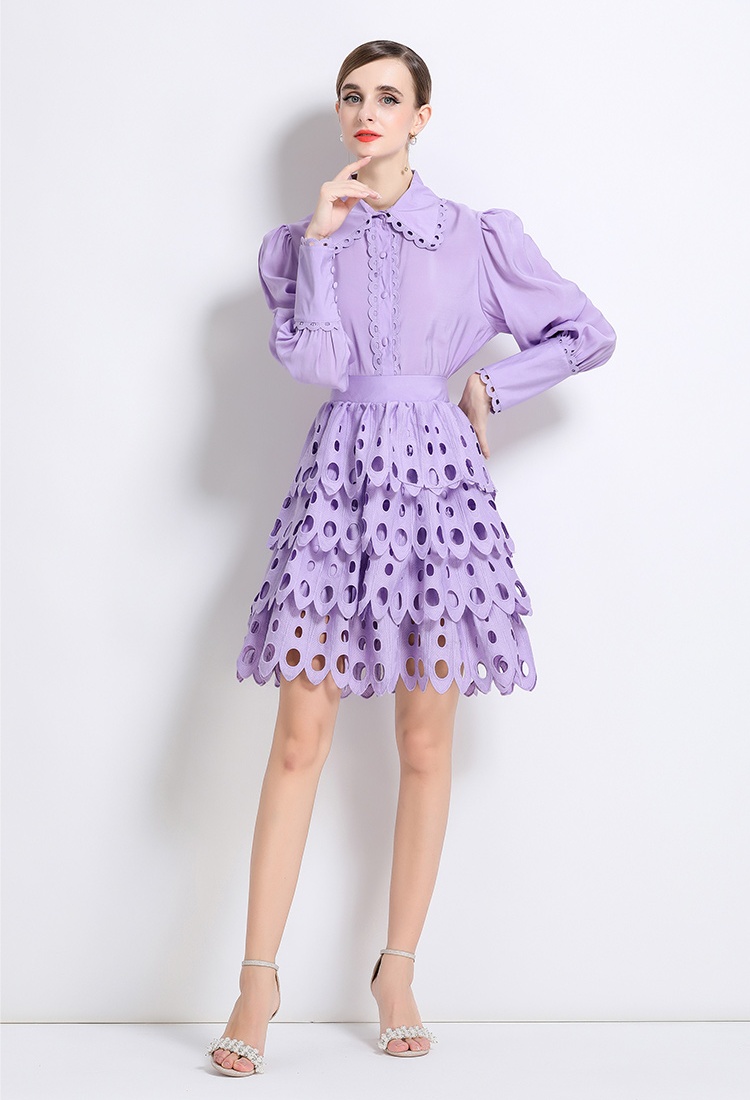 Court style lace cstand collar retro skirt 2pcs set