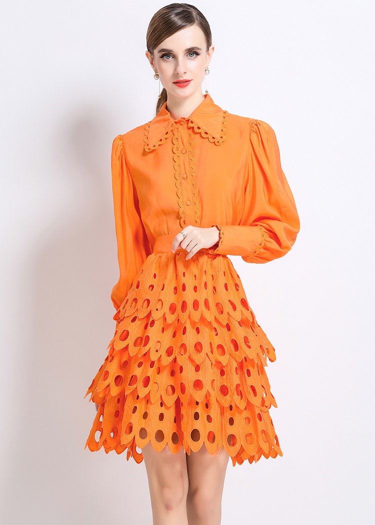 Court style lace cstand collar retro skirt 2pcs set