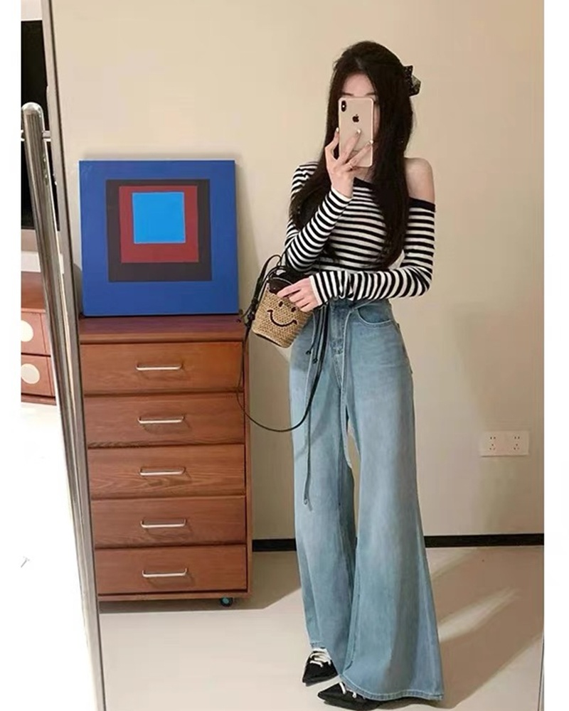 Denim enticement long pants straight sexy tops a set