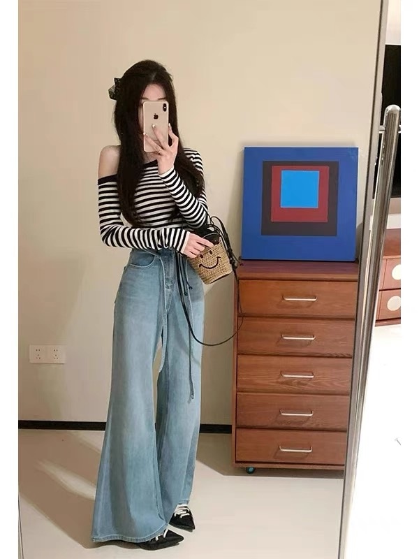 Denim enticement long pants straight sexy tops a set
