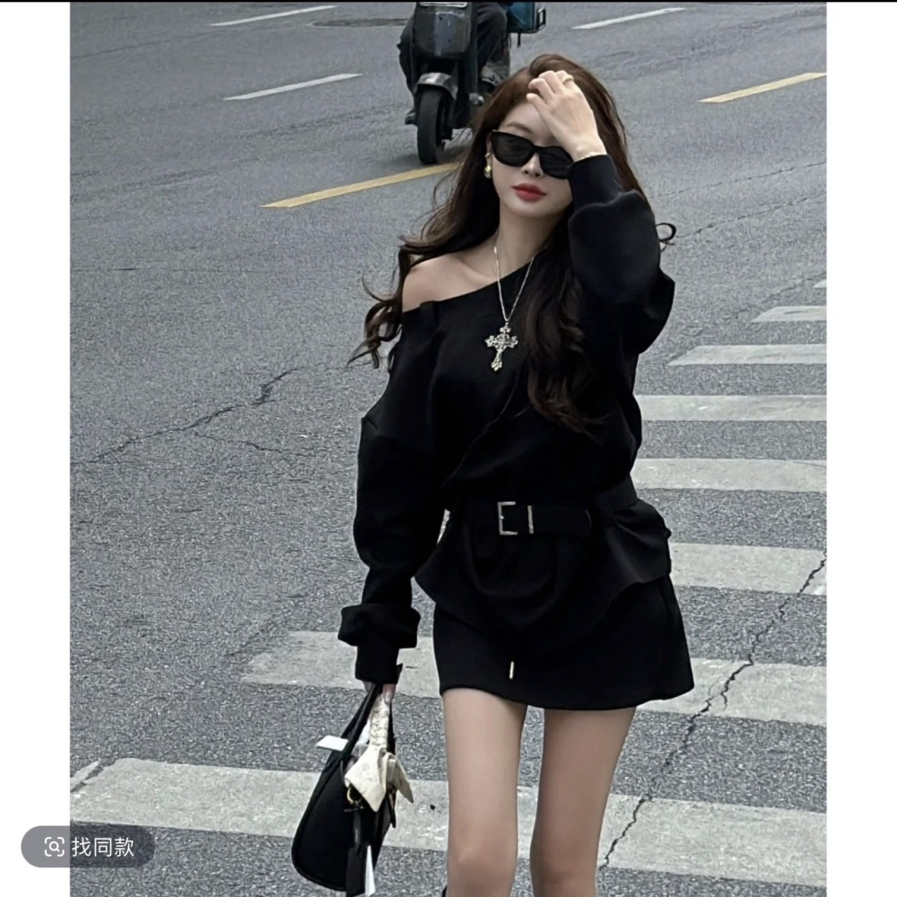 Strapless spring sexy hoodie long loose tops a set