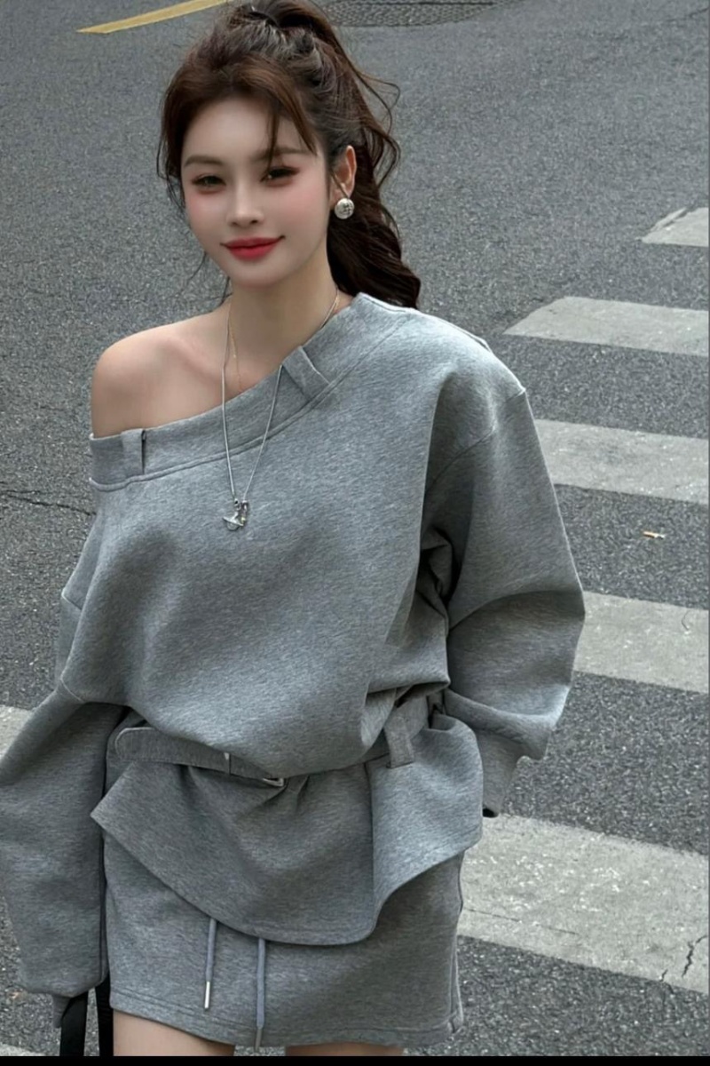 Strapless spring sexy hoodie long loose tops a set