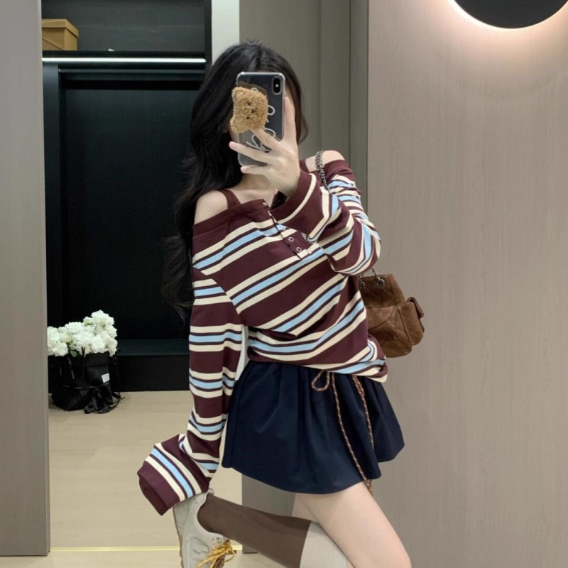 Loose stripe tops strapless bottoming shirt a set