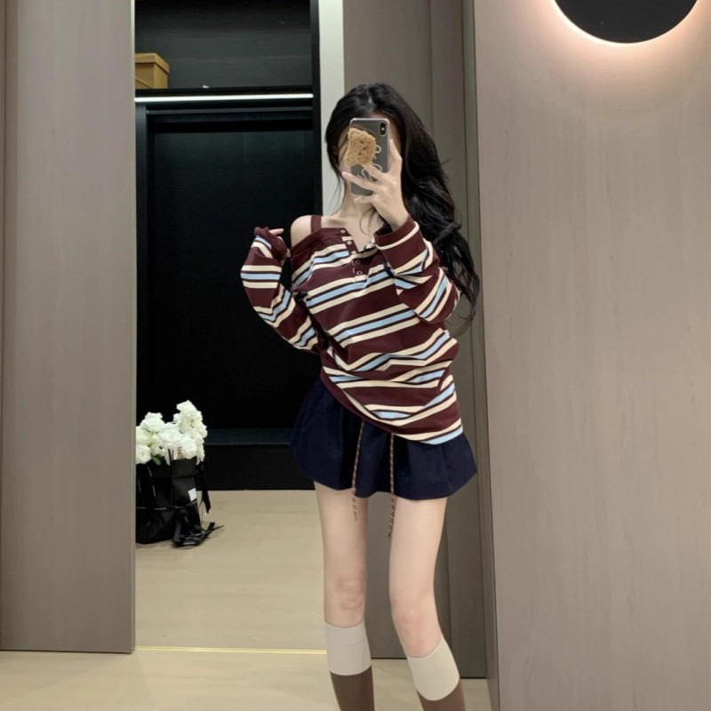 Loose stripe tops strapless bottoming shirt a set