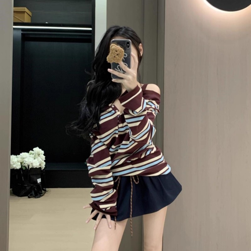 Loose stripe tops strapless bottoming shirt a set