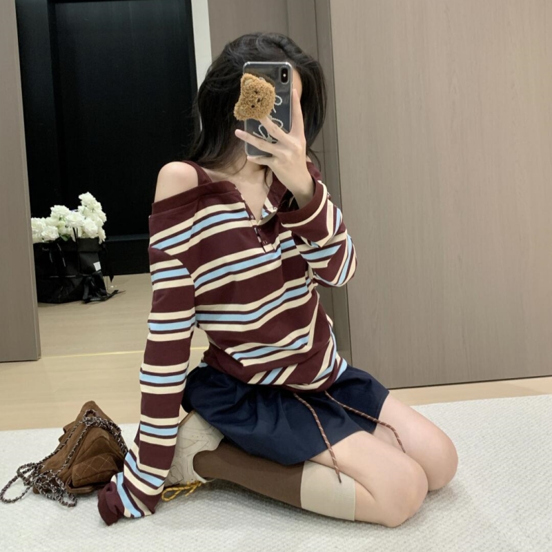Loose stripe tops strapless bottoming shirt a set